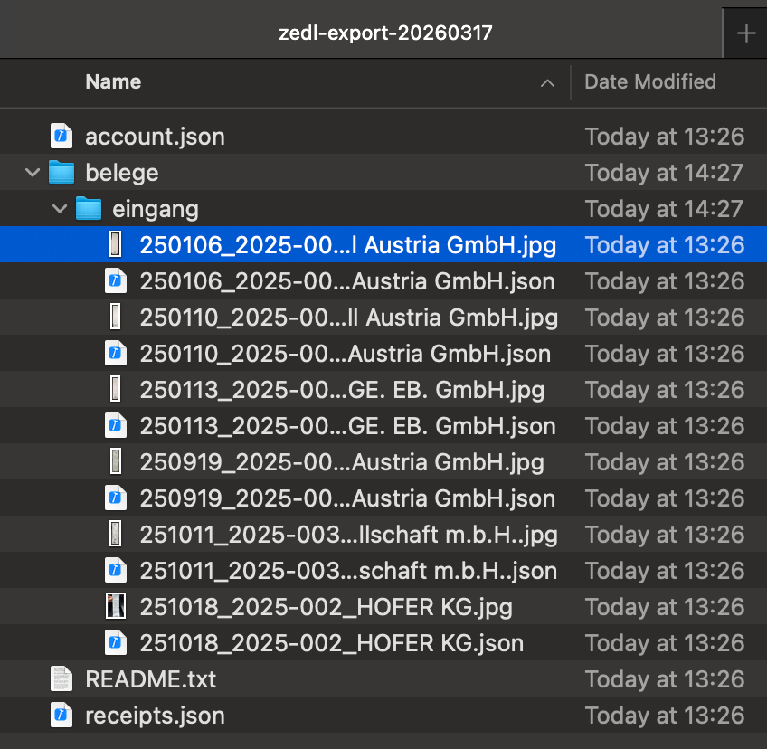 Inhalt des Zedl-Exports: Originalbelege und Datendateien nebeneinander im Ordner