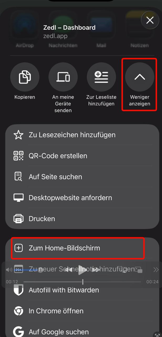 Schritt 2: Im Teilen-Menü "Zum Home-Bildschirm" auswählen